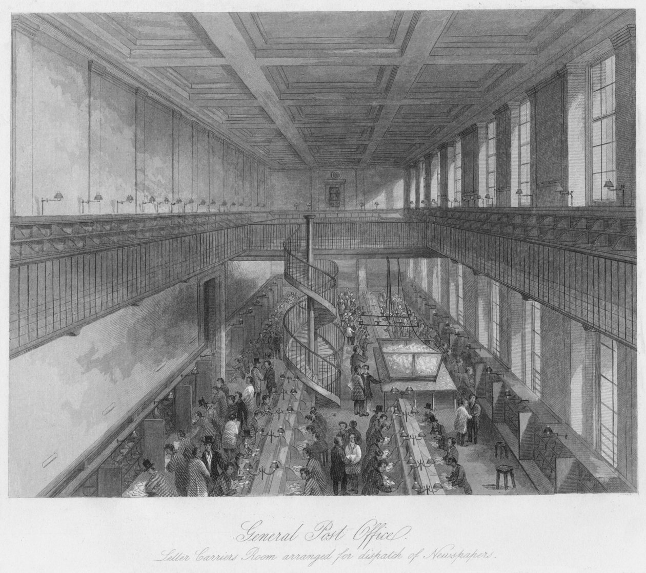General Post Office. Brevbärarrum ordnat för utskick av tidningar, c1841 av Thomas H. Ellis