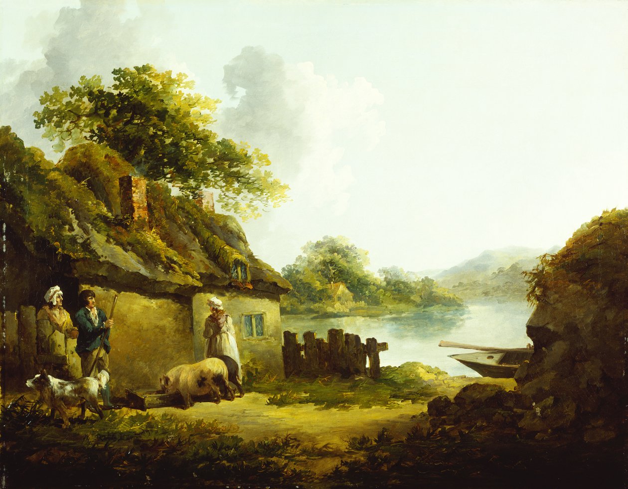 En zigenarfamilj utanför en lada i ett landskap (olja på duk) av Thomas Hand