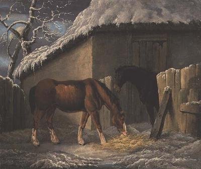 Ett vinterlandskap med två hästar som matar utanför ett stall (daterat 1804) av Thomas Hand