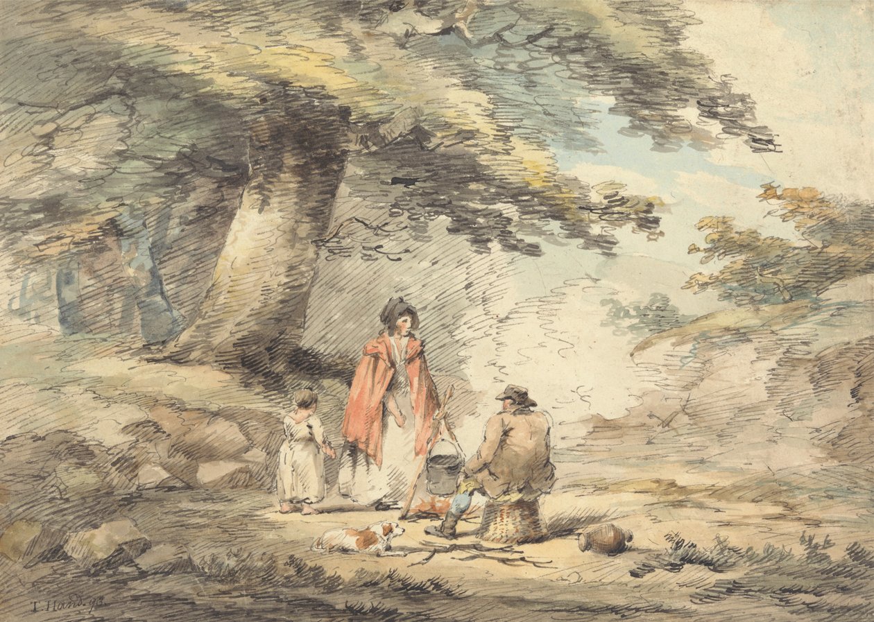 Skogbevuxen landskap med figurer runt en kokkärl av Thomas Hand