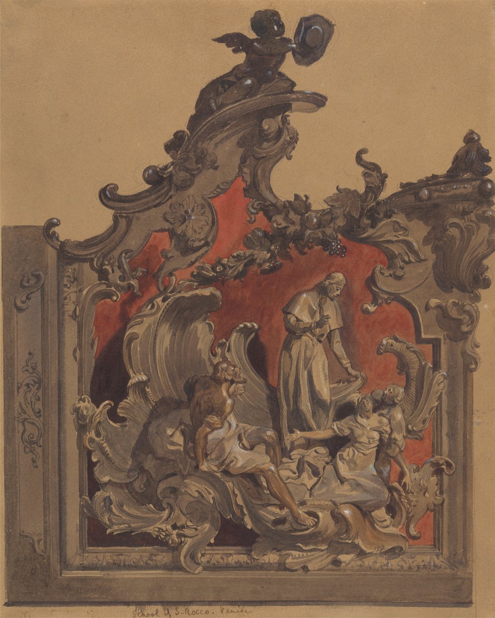 School of San Rocco, Venedig: Studie för böjd dekoration (penna & bläck, wc och kroppsfärg över penna på papper) av Thomas Hartley Cromek