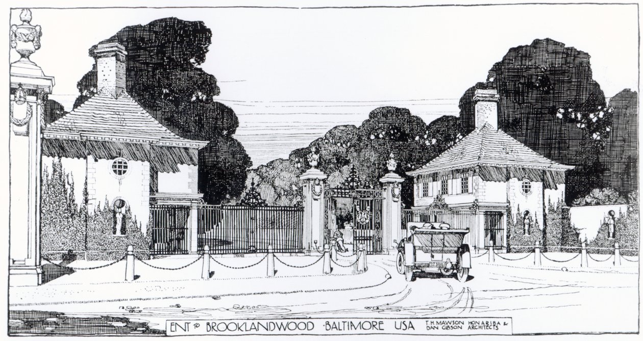 Entré till Brooklandwood, Baltimore, USA, från Thomas Mawsons "The Art and Craft of Garden Making" av Thomas Hayton Mawson
