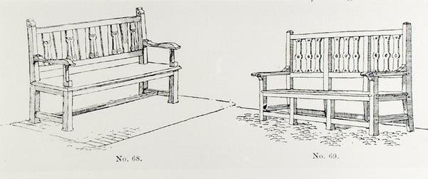 Trädgårdsbänkar, från Thomas Mawsons "The Art and Craft of Garden Making", publicerad 1900 (gravyr) (s/v foto) av Thomas Hayton Mawson