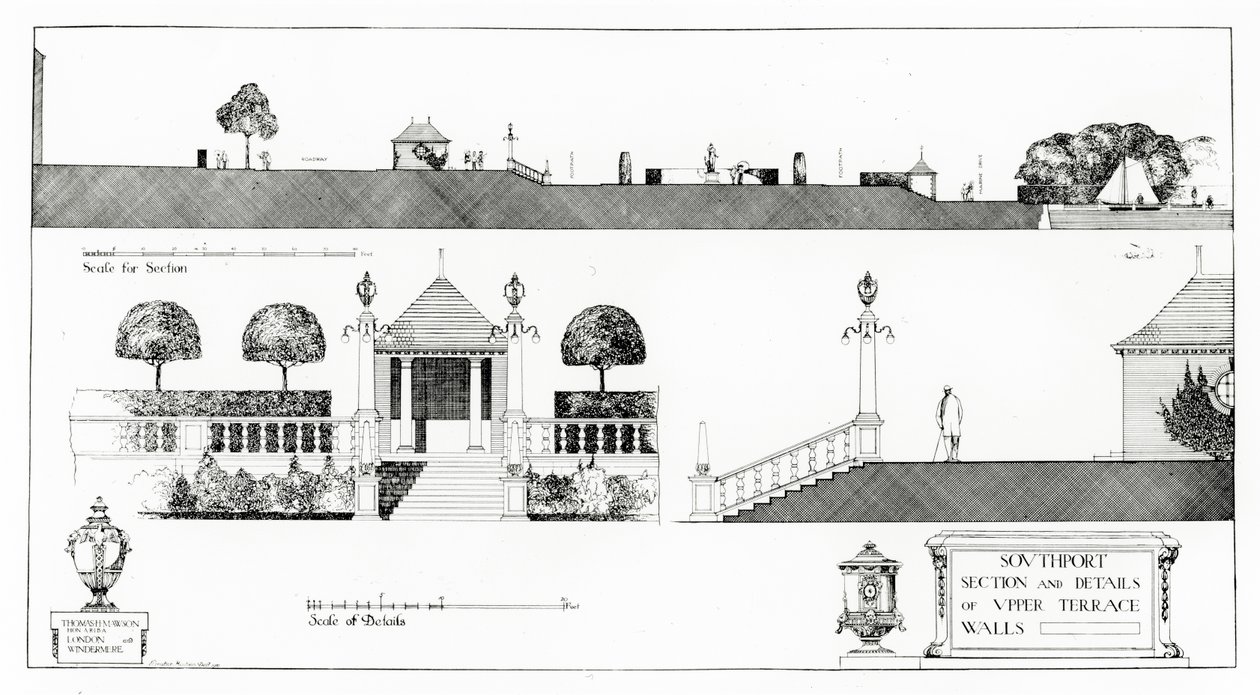 Southport: Sektion och detaljer av övre terrassen och väggarna, från Thomas Mawsons "Studies in Town Planning", publicerad 1911. av Thomas Hayton Mawson