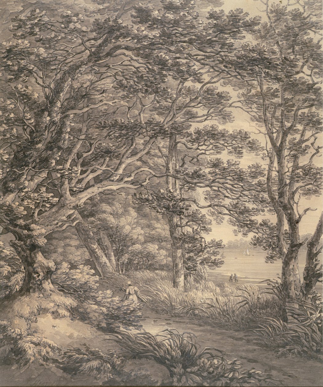 Flodlandskap med figurer (grå tvätt och grafit på papper) av Thomas Hearne