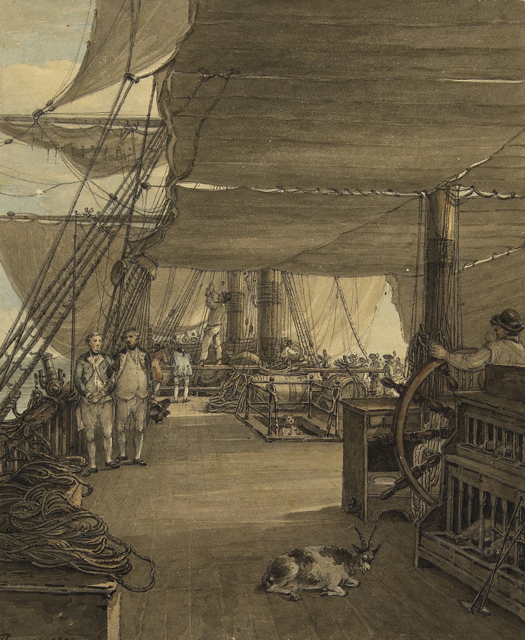 Scen ombord på HMS "Deal Castle" under en resa från Västindien 1775. Akvarell av Thomas Hearne