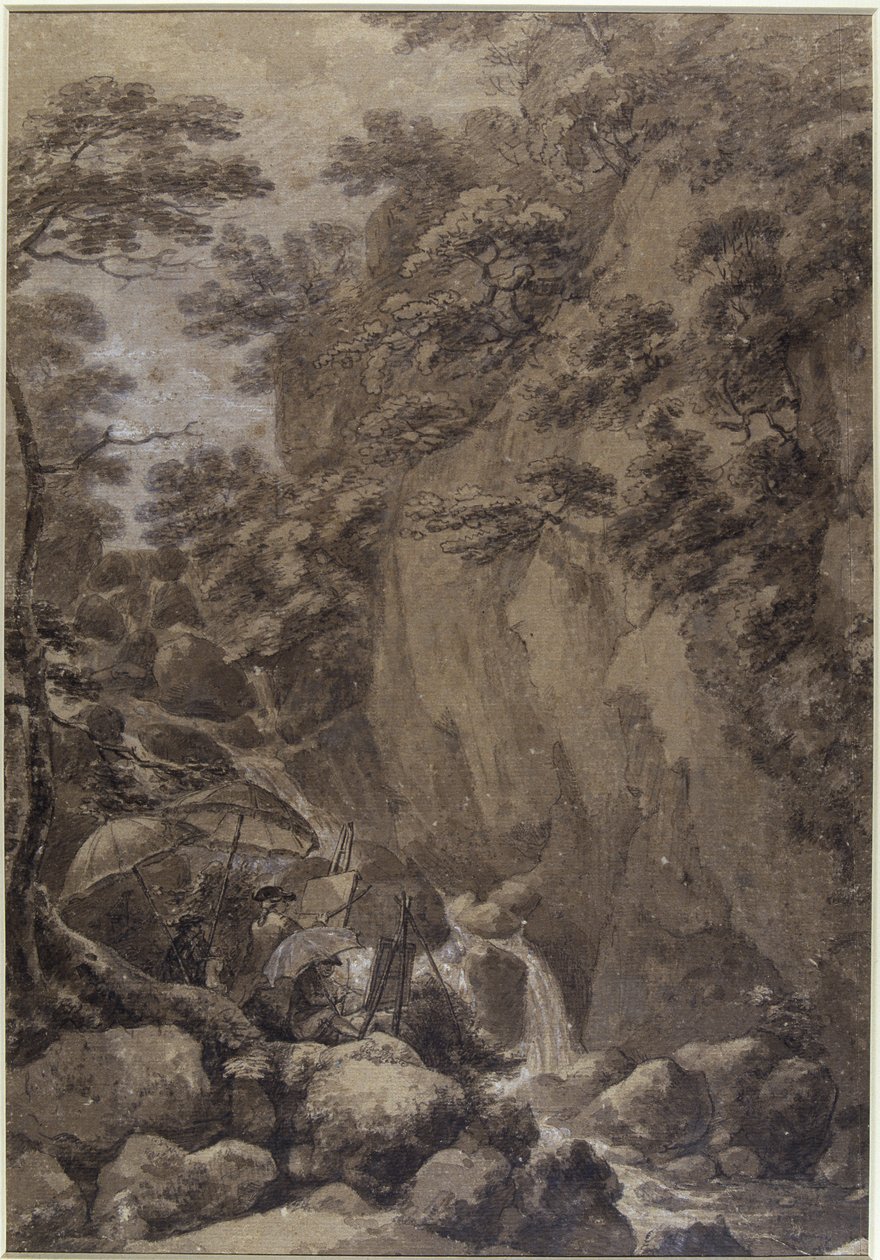 Sir George Beaumont och Joseph Farington målar ett vattenfall, 1777 (penna och bläck med tvätt på papper) av Thomas Hearne