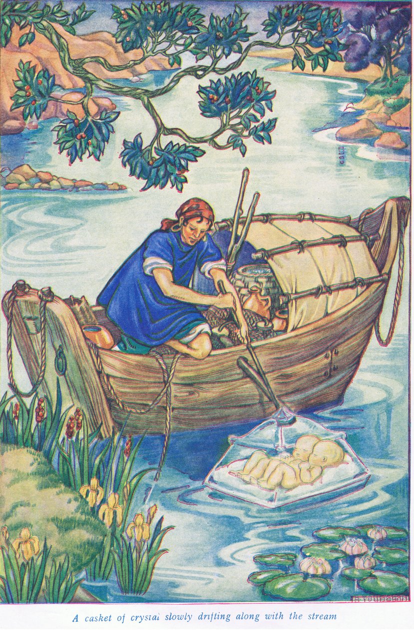 En kista av kristall flyter längs strömmen (färglitografi) av Thomas Heath Robinson