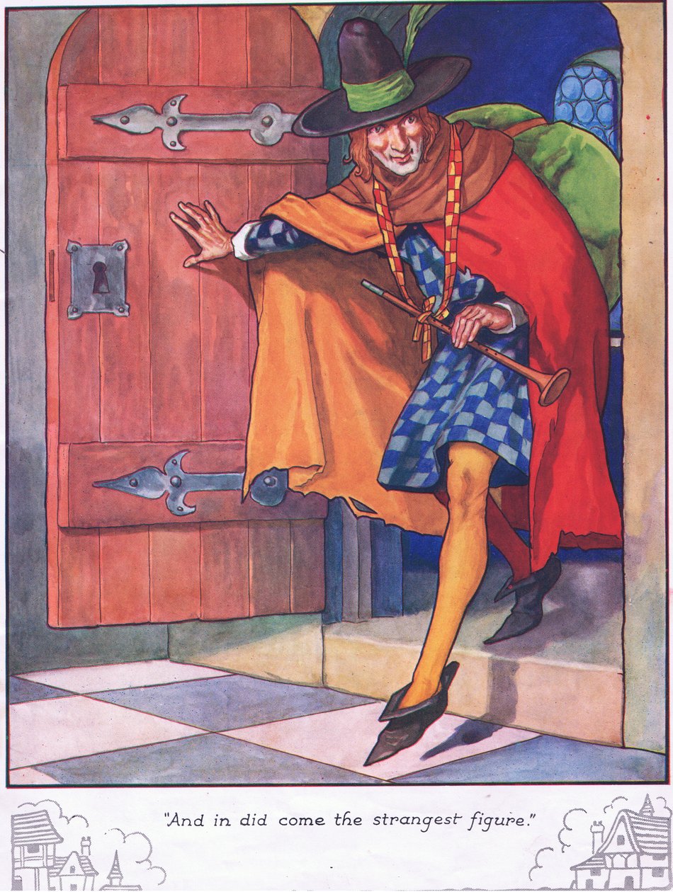 "Och in kom den märkligaste figuren" (färglitografi) av Thomas Heath Robinson