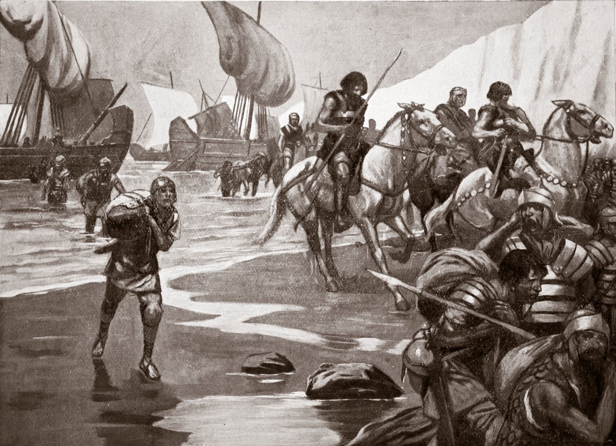 Caesars andra landstigning, 54 f.Kr., illustration från "Hutchinson