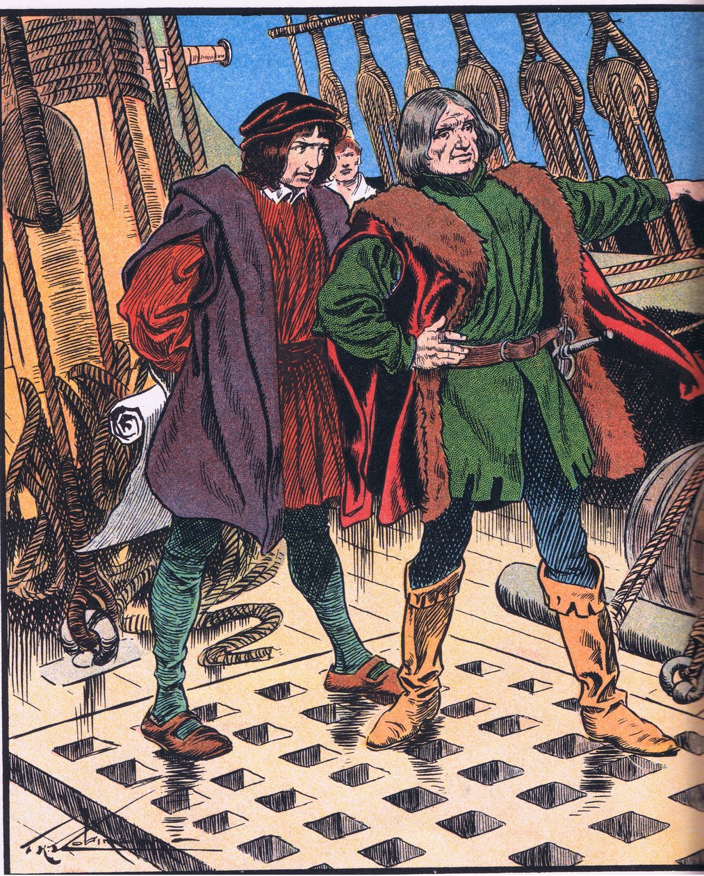 Columbus på sin resa till Amerika (färglitografi) av Thomas Heath Robinson