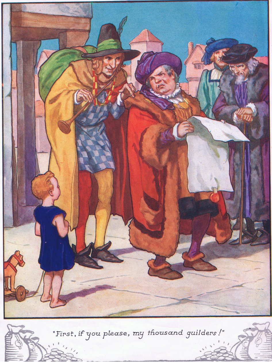 "Först, om ni så vill, mina tusen gulden" (färglitografi) av Thomas Heath Robinson