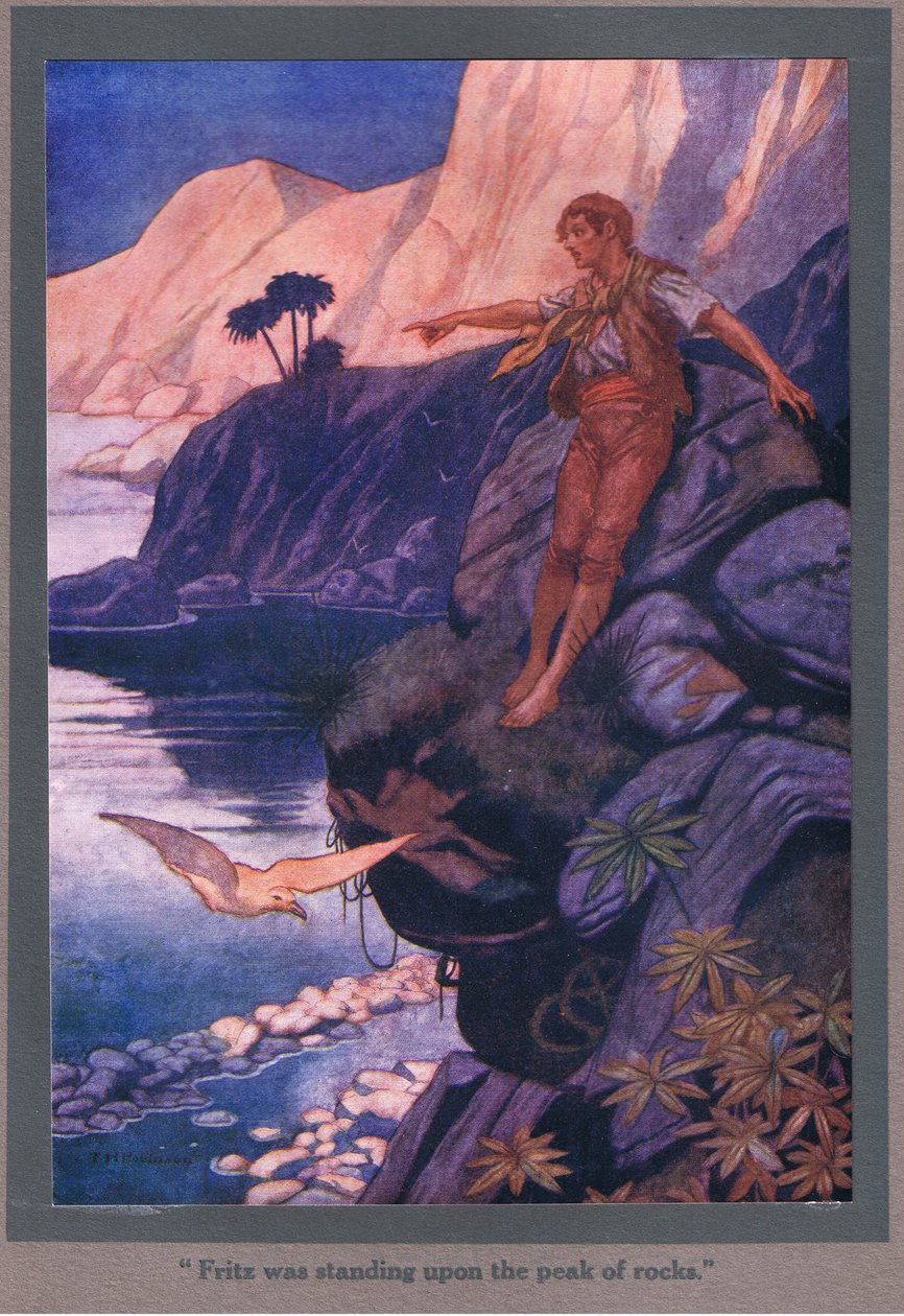 Fritz stod på toppen av klipporna (färglitografi) av Thomas Heath Robinson