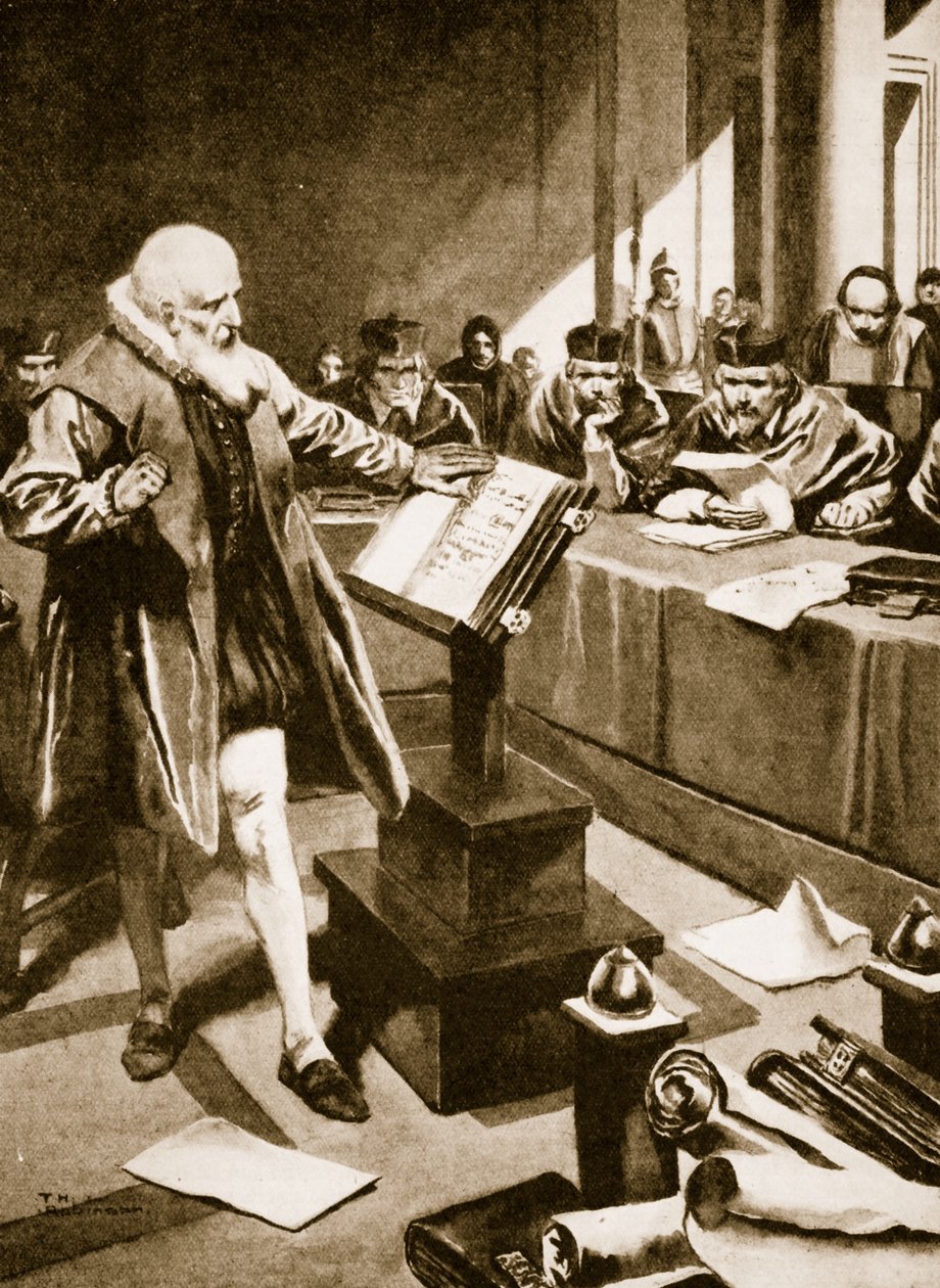 Galileo framträder inför kardinalerna (litografi) av Thomas Heath Robinson