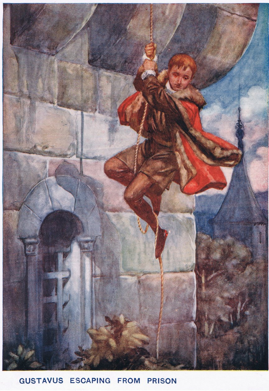 Gustav II Adolf flyr från fängelset av Thomas Heath Robinson
