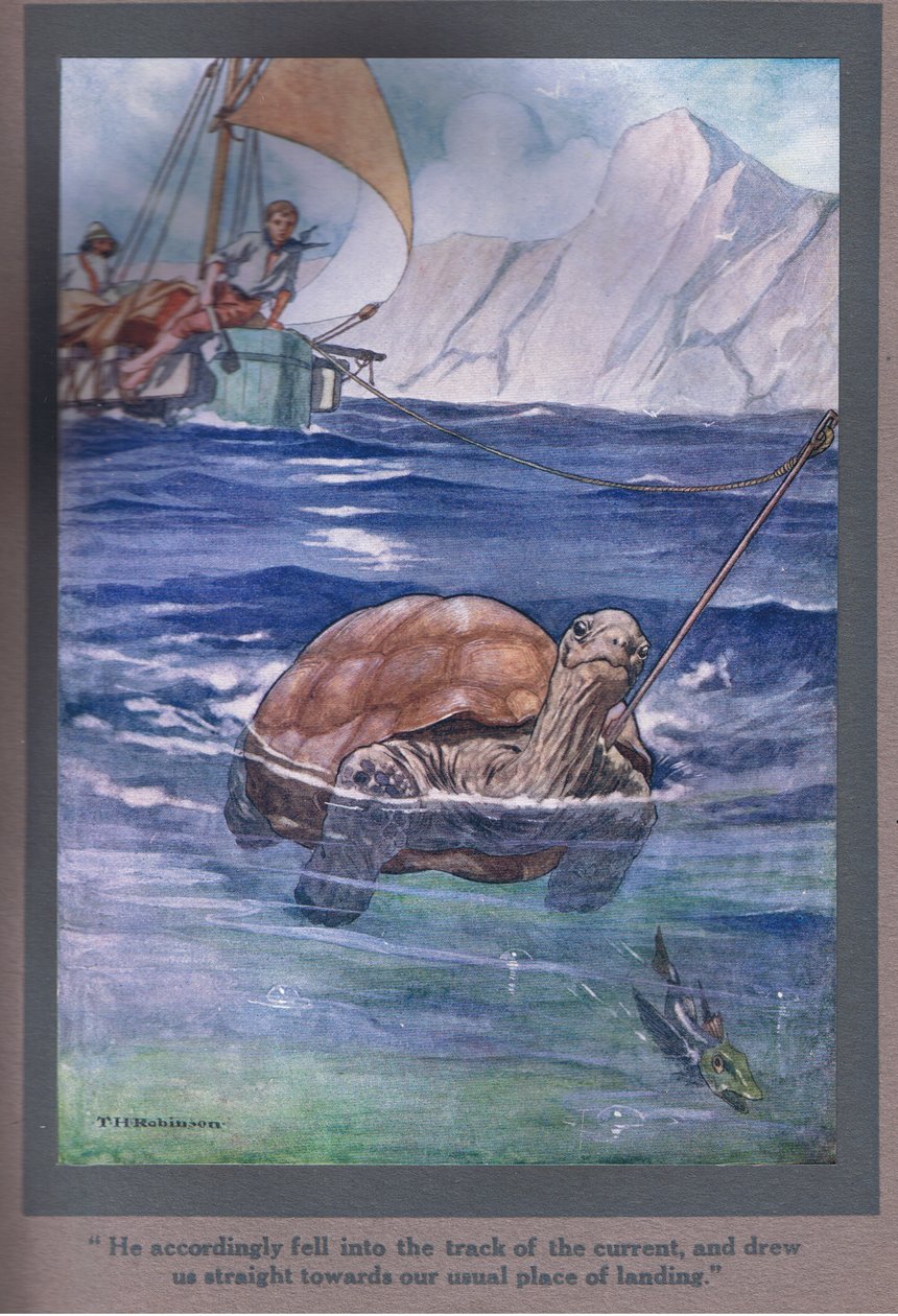 Han hamnade följaktligen i kurirens spår och drog oss rakt mot vår vanliga landningsplats (färglitografi) av Thomas Heath Robinson