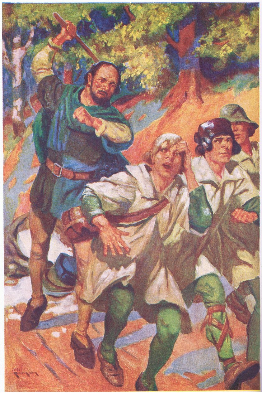 Han körde de tre framför sig, deras skrik av ilska och smärta dränktes av hans skratt (färglitografi) av Thomas Heath Robinson