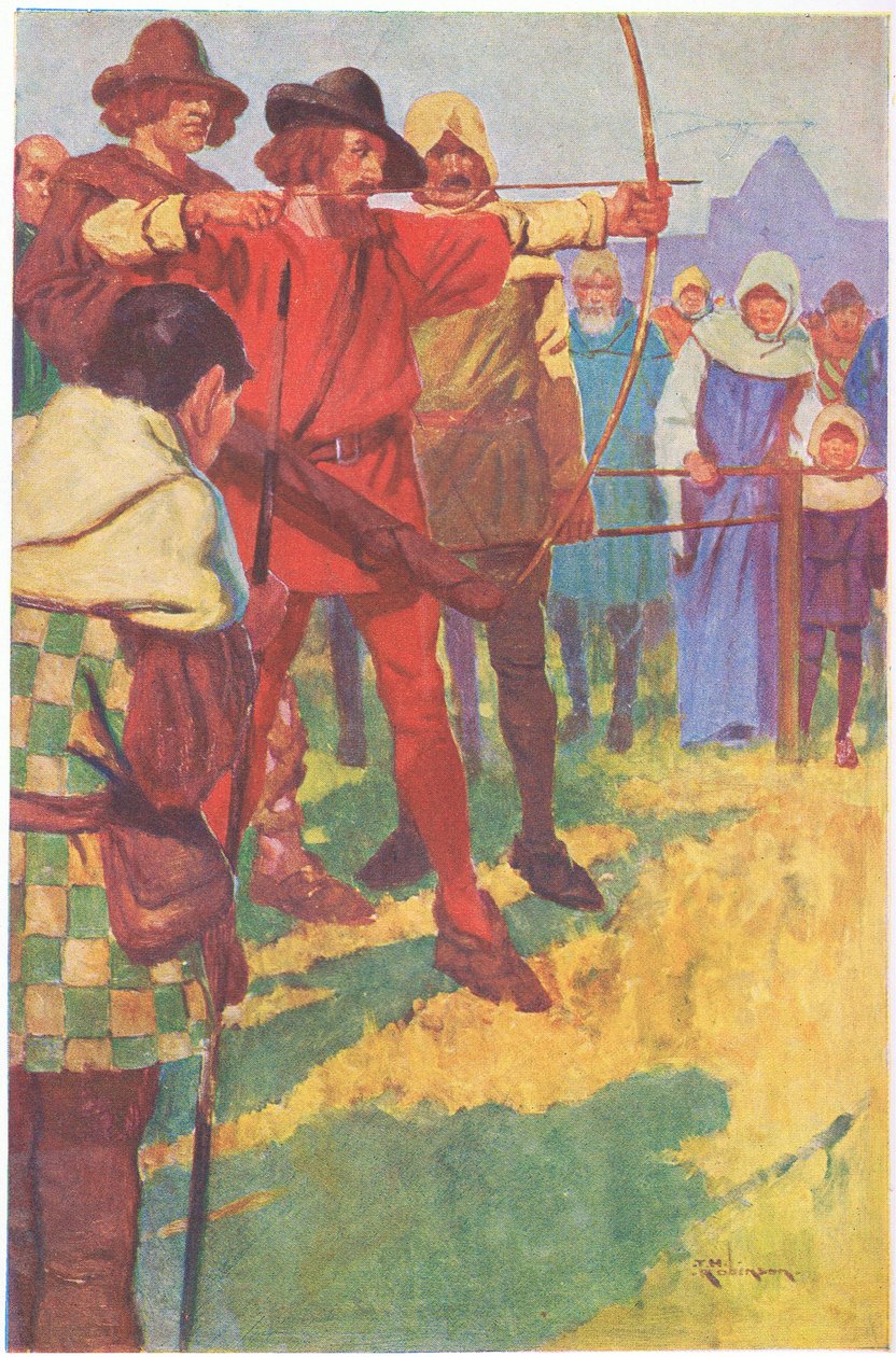 Han spände sin båge för ett kort ögonblick och lossade sedan strängen (färglitografi) av Thomas Heath Robinson
