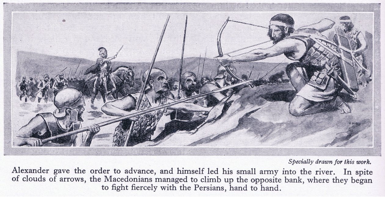 Hur Alexander vann sitt imperium: Darius, kung av Persien, samlade en stor armé som besegrades av makedonierna 334 f.Kr. ca 1950 (litografi) av Thomas Heath Robinson