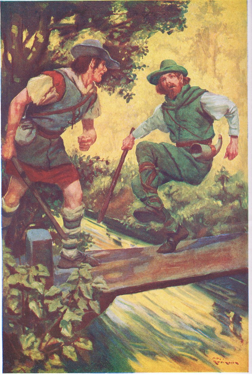 I ett olyckligt ögonblick halkade han på träplankorna (färglitografi) av Thomas Heath Robinson