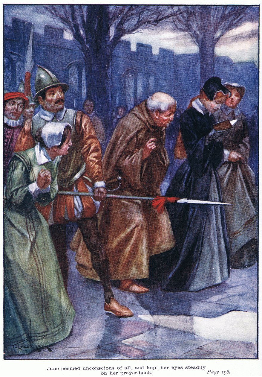 Jane verkade inte vara medveten om någonting och höll blicken stadigt fäst på sin bönbok (färglitografi) av Thomas Heath Robinson