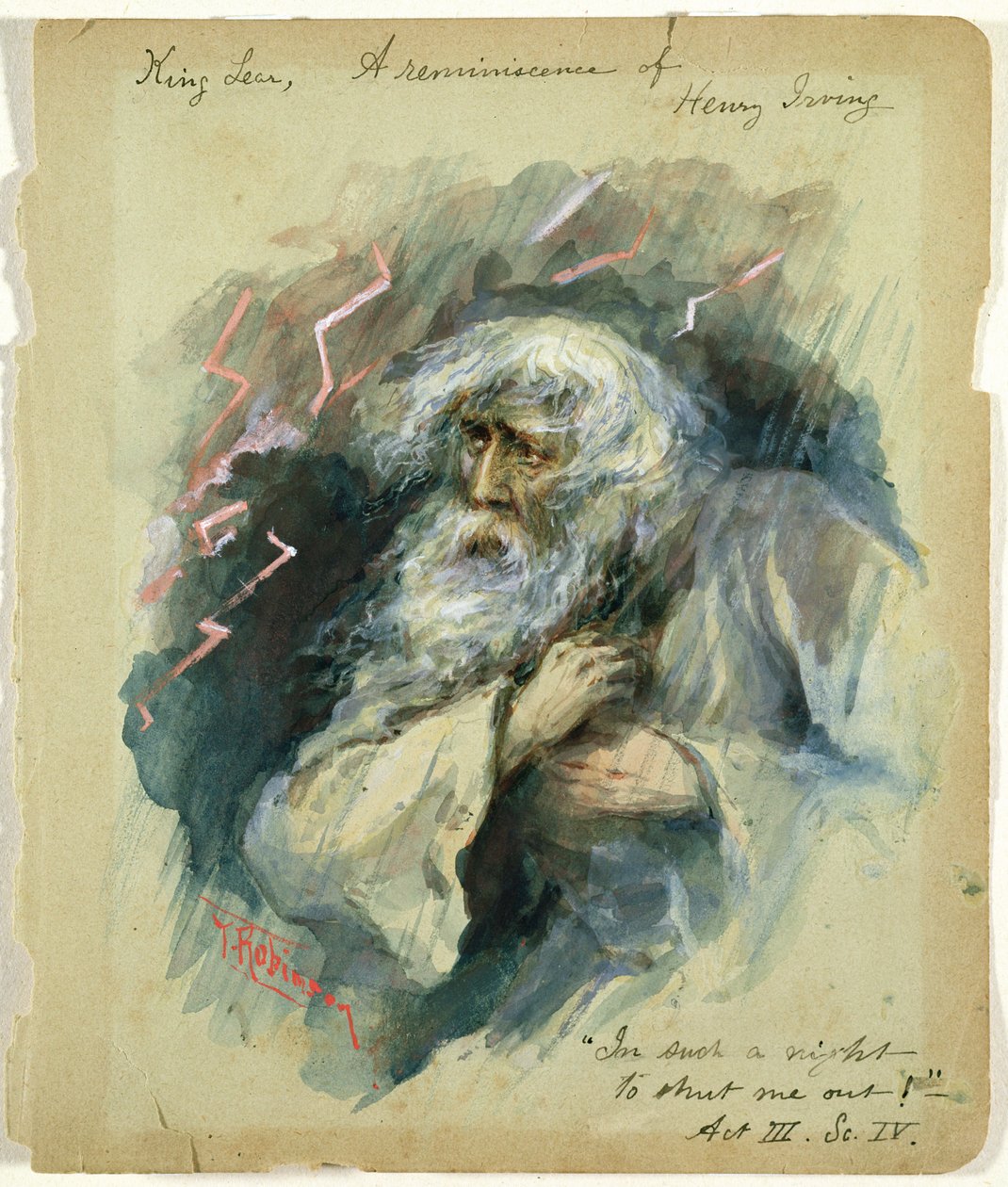 Kung Lear, en minnesteckning av Henry Irving: "In such a night To shut me out!", Akt III, Scen 4 (akvarell) 34:Kung Lear (Akt III, Scen 4): "In such a night To shut me out!", en reminiscens av Henry Irving (akvarell) av Thomas Heath Robinson