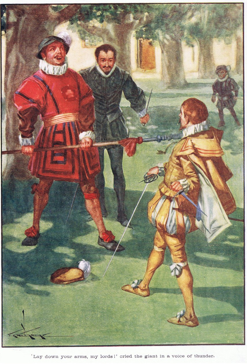 "Lägg ner era vapen, mina herrar!" ropade jätten med åskans röst (färglitografi) av Thomas Heath Robinson