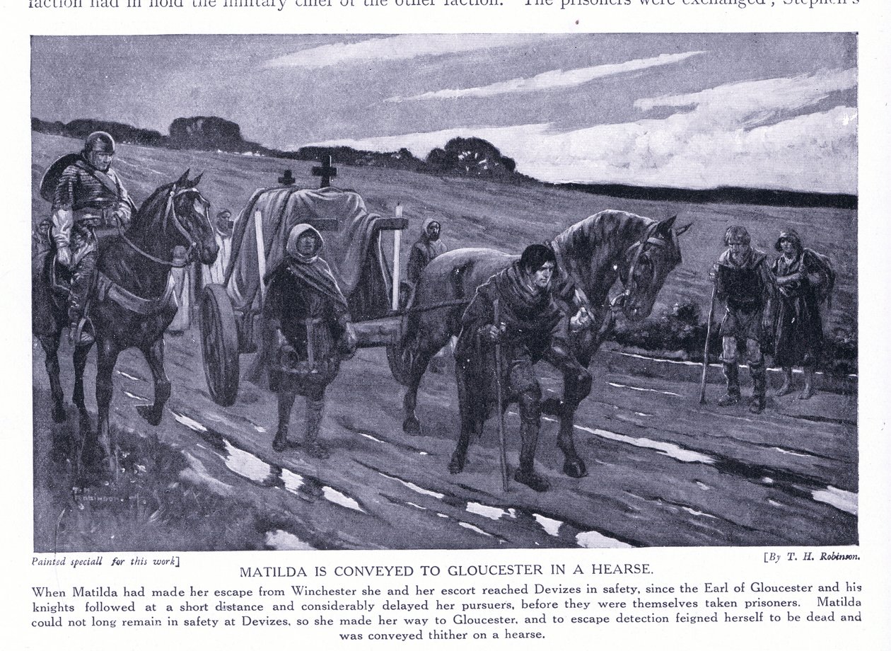 Matilda transporteras till Gloucester i en likvagn (litografi) av Thomas Heath Robinson
