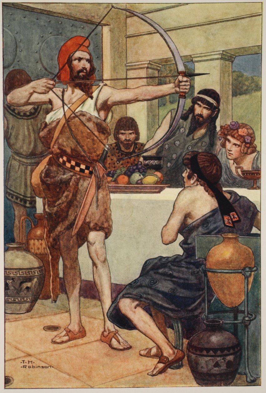 Odysseus straffar friarna (färglitografi) av Thomas Heath Robinson