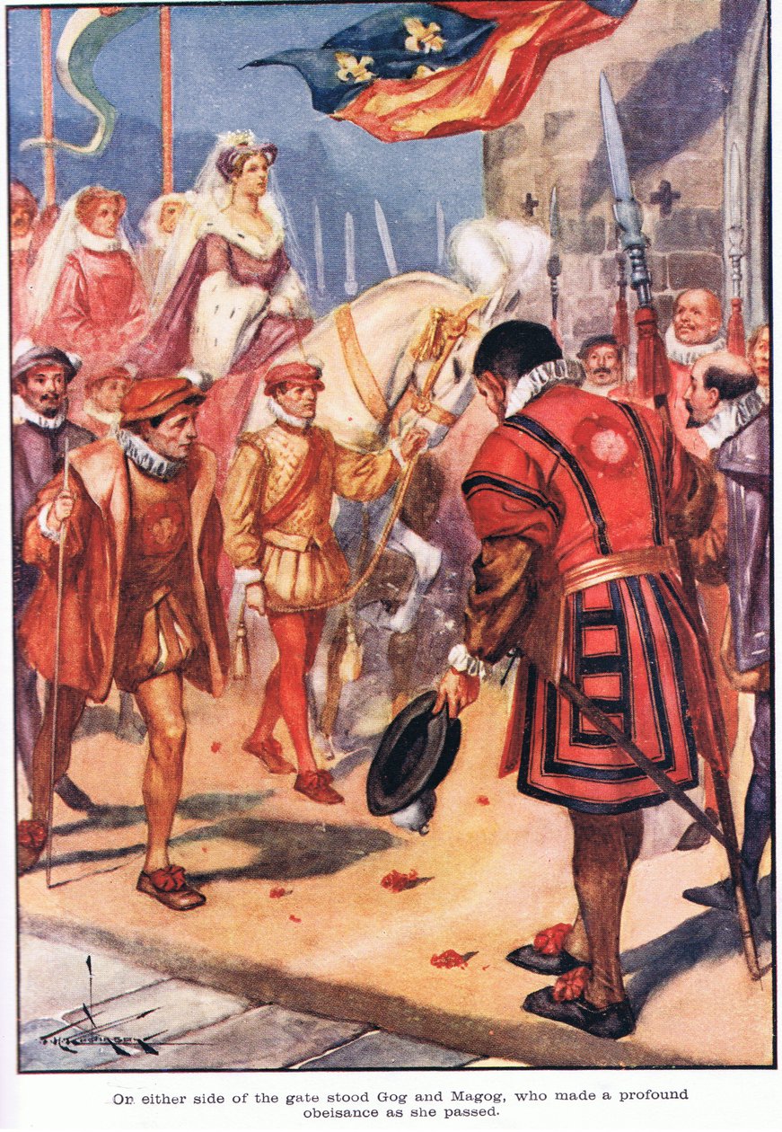 På var sin sida om porten Gog och Magog, som gjorde en djup vördnad när hon passerade (färglitografi) av Thomas Heath Robinson