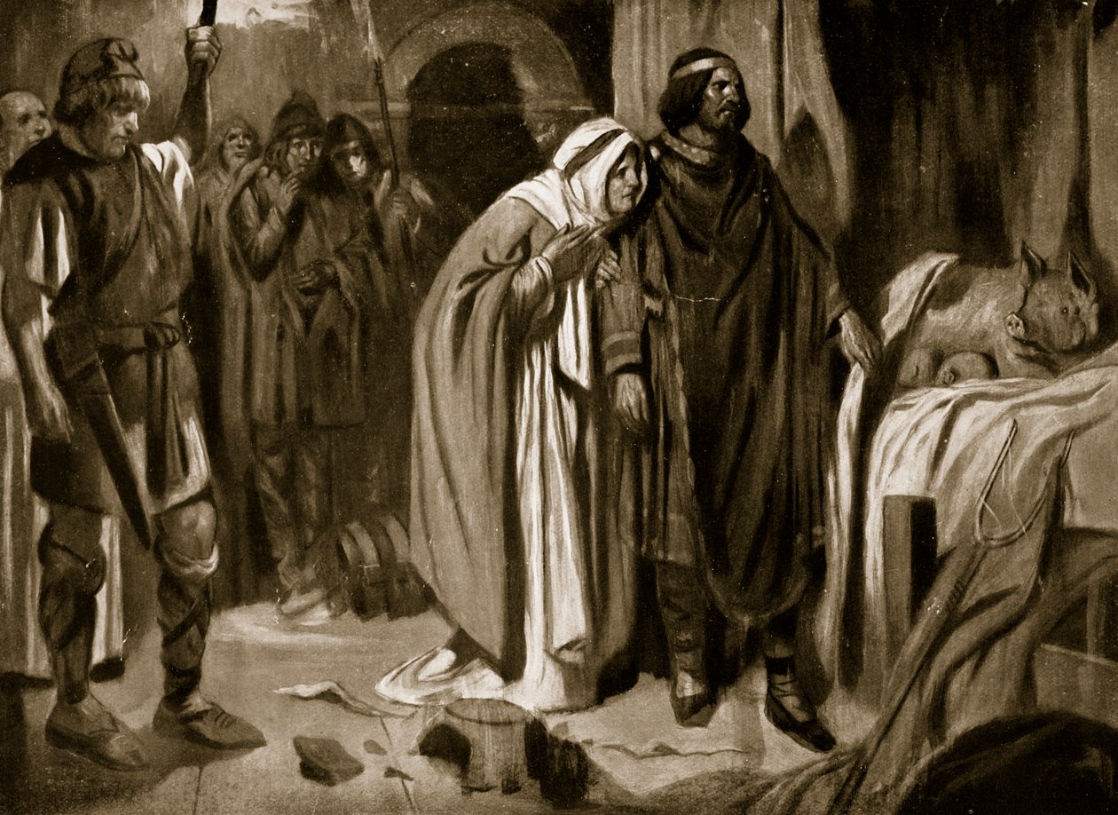 Drottning Ethelburga övertalar Ine av Wessex att avsäga sig kronan, 728, illustration från "Hutchinson