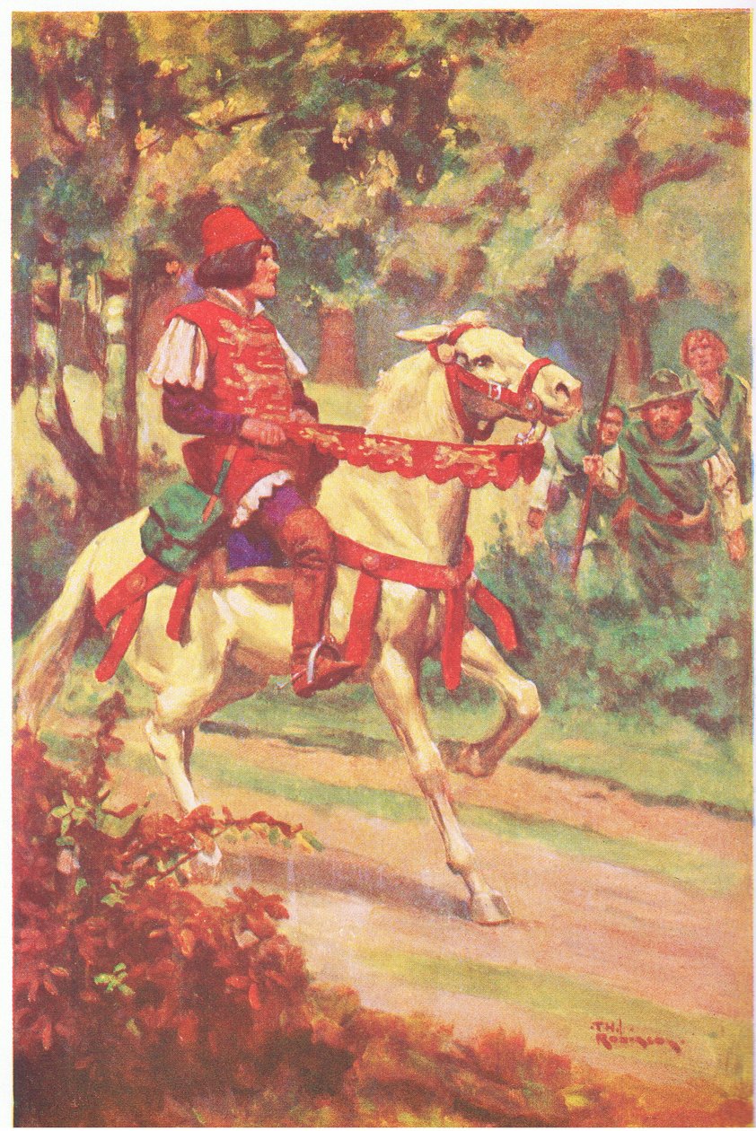 Robin och hans följeslagare såg mäster Patrington rida mot dem (färglitografi) av Thomas Heath Robinson