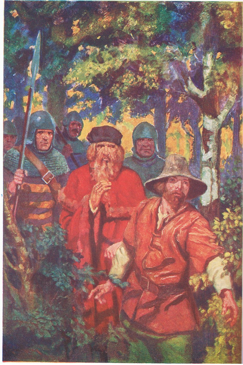 Sheriffen med sitt följe tätt i hälarna på Robin (färglitografi) av Thomas Heath Robinson