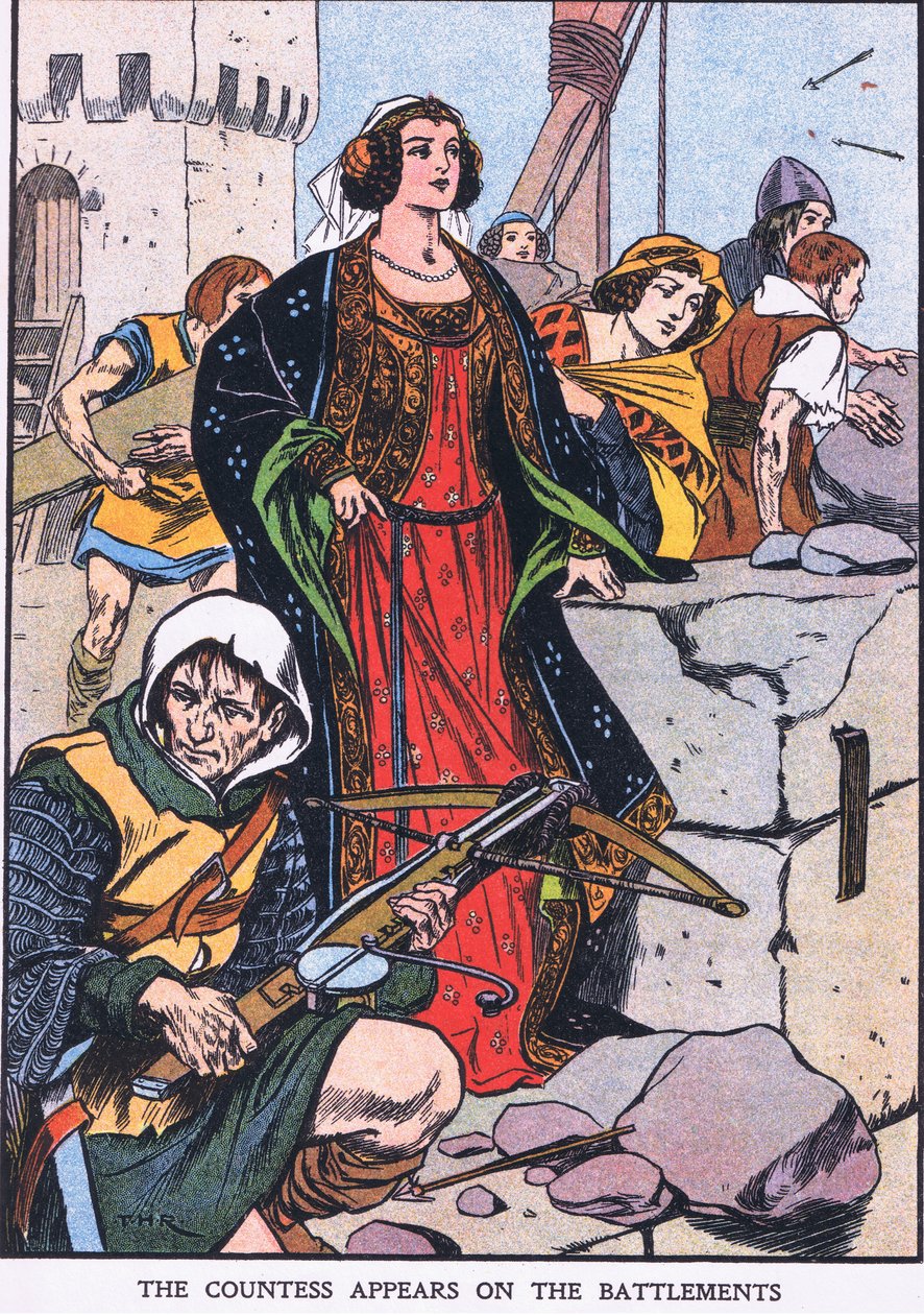 Grevinnan framträder på tinnarna (färglitografi) av Thomas Heath Robinson