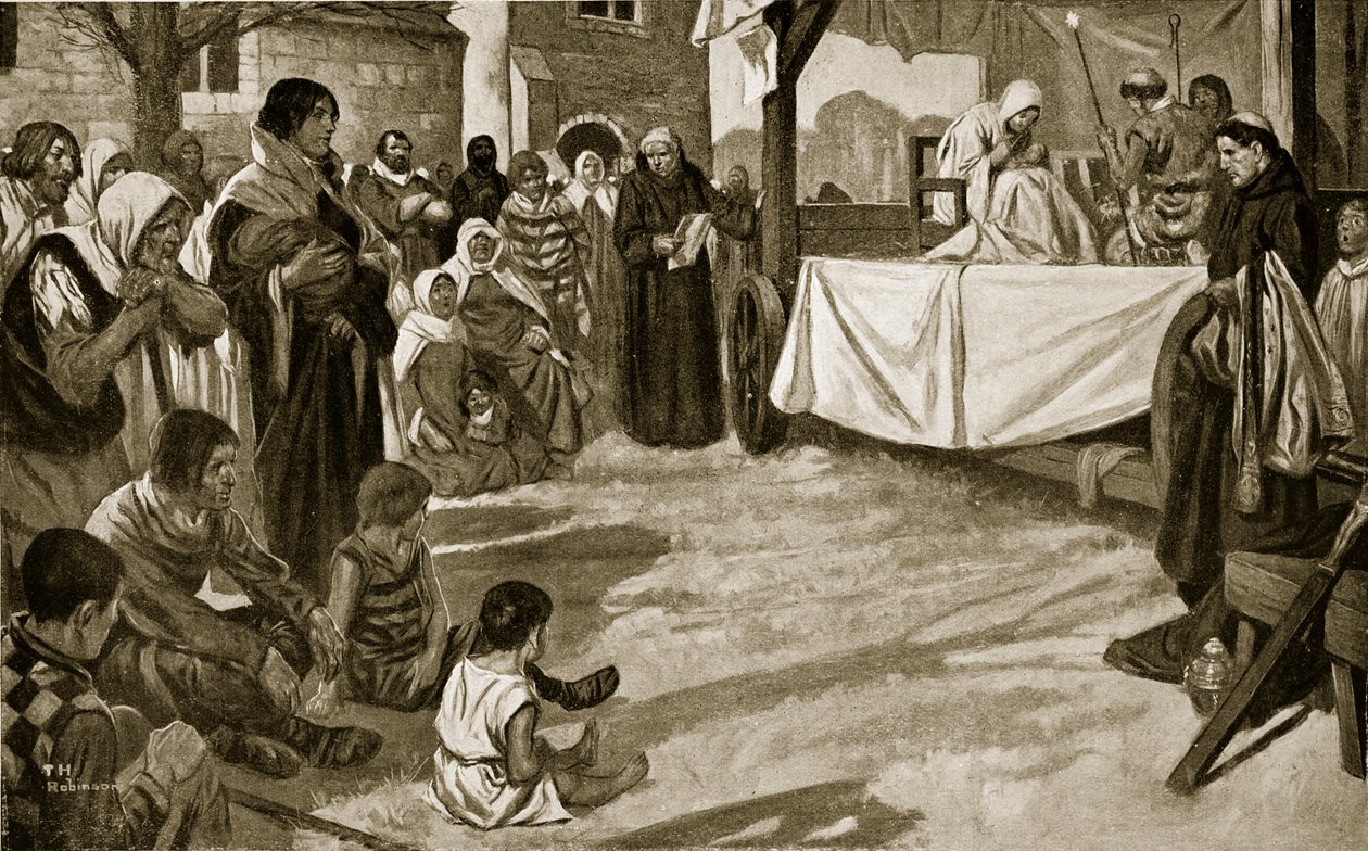 Uppförandet av ett tidigt mysteriespel, illustration från "Hutchinson