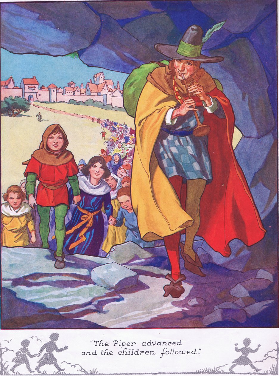 Spelmannen gick fram och barnen följde efter (färglitografi) av Thomas Heath Robinson