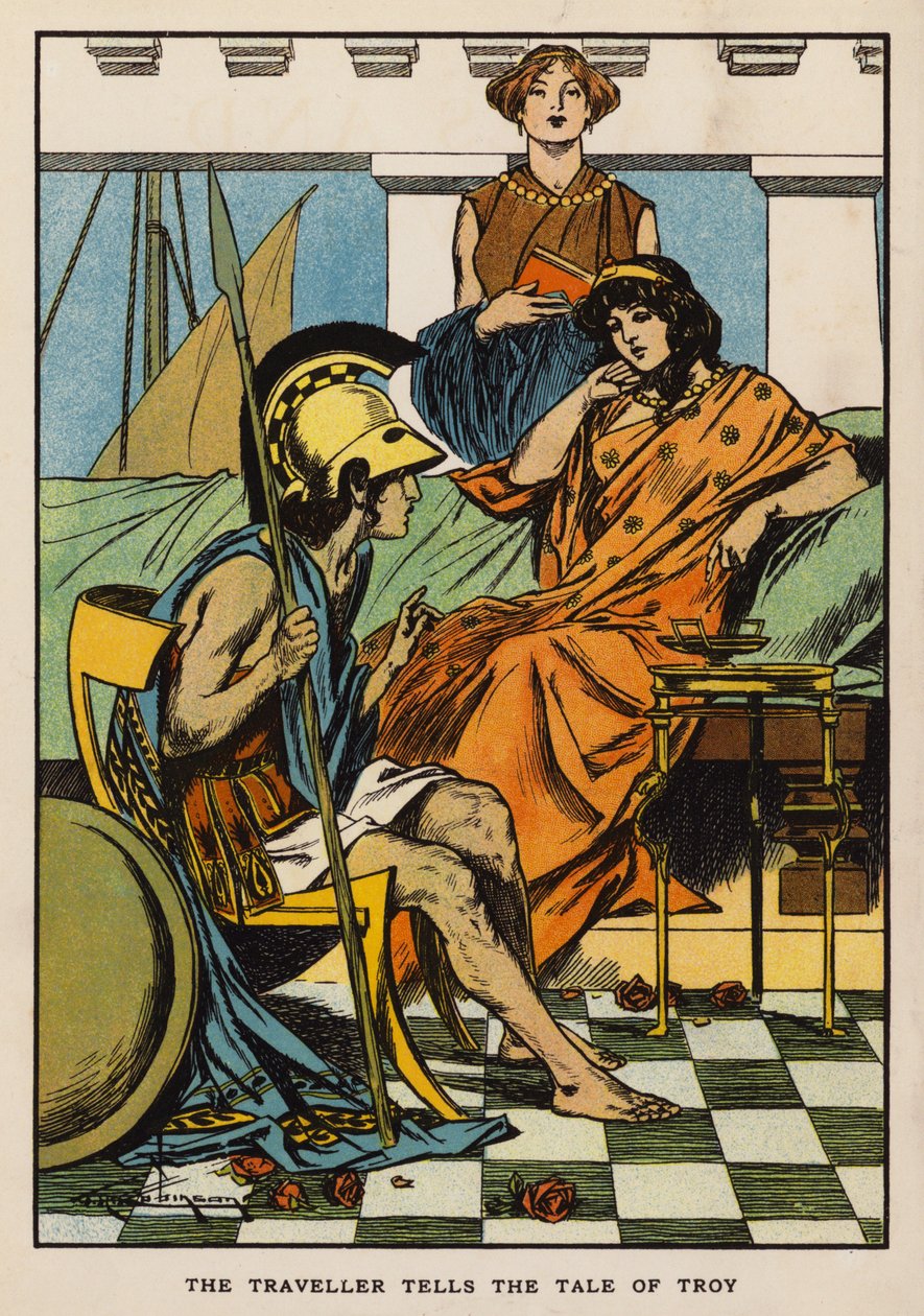 Resenären berättar historien om Troja (färglitografi) av Thomas Heath Robinson