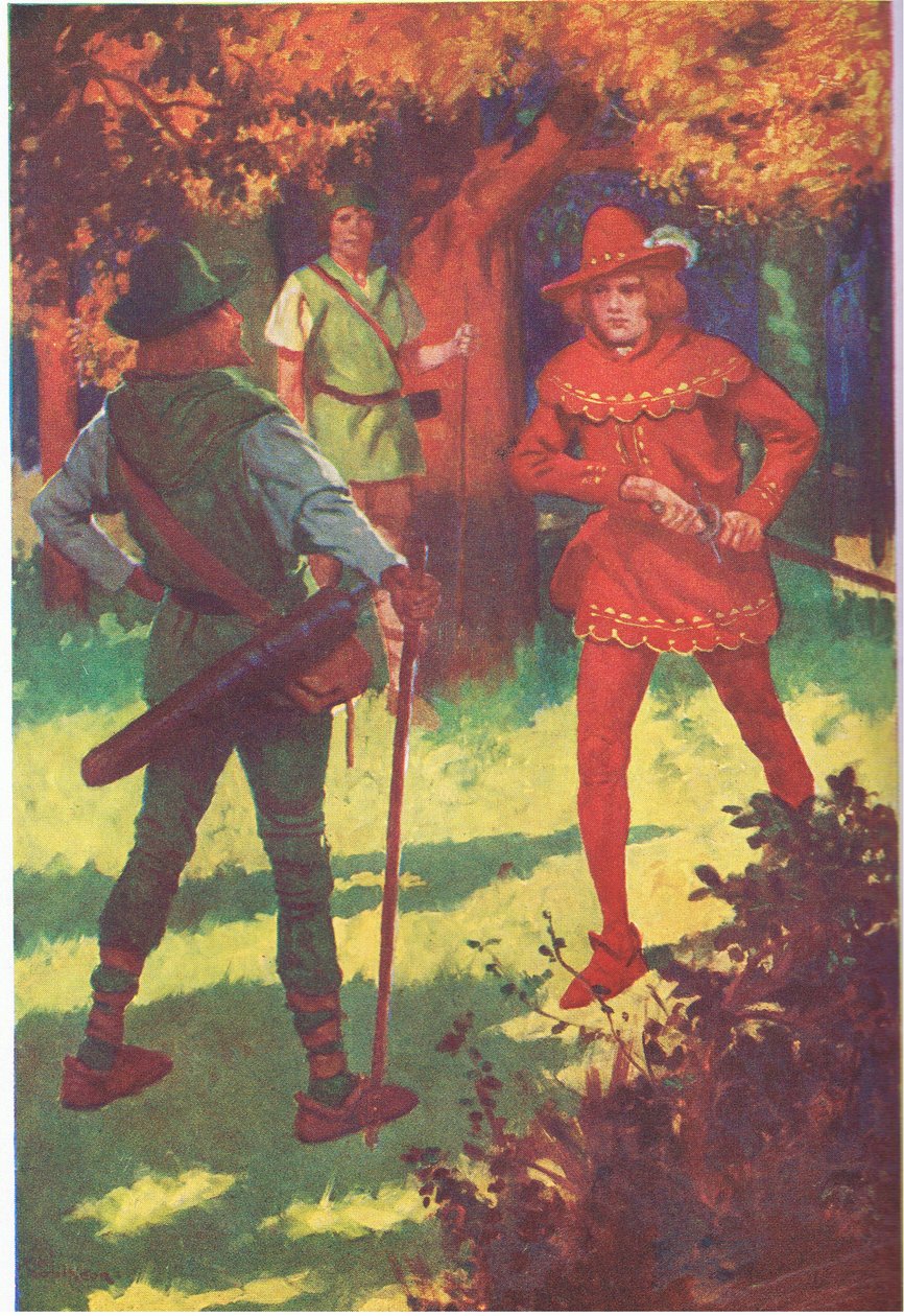 "Det är en pestsmittad skurk!" utropade den scharlakansröda främlingen (färglitografi) av Thomas Heath Robinson