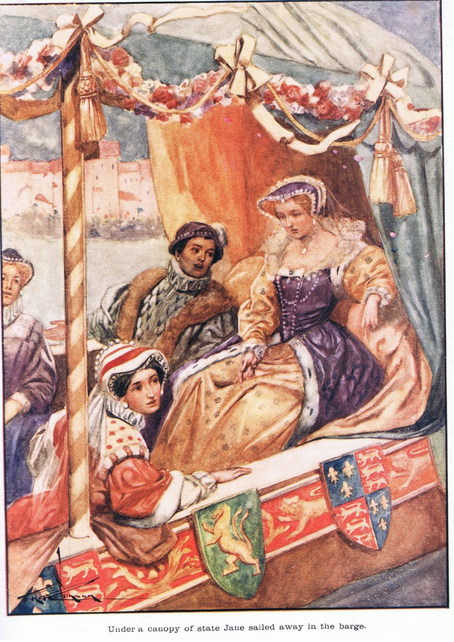 Jane seglade iväg i pråmen under en statlig baldakin (färglitografi) av Thomas Heath Robinson