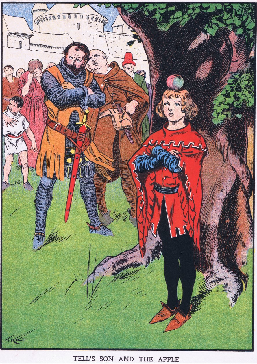 Wilhelm Tells son och äpplet (färglitografi) av Thomas Heath Robinson