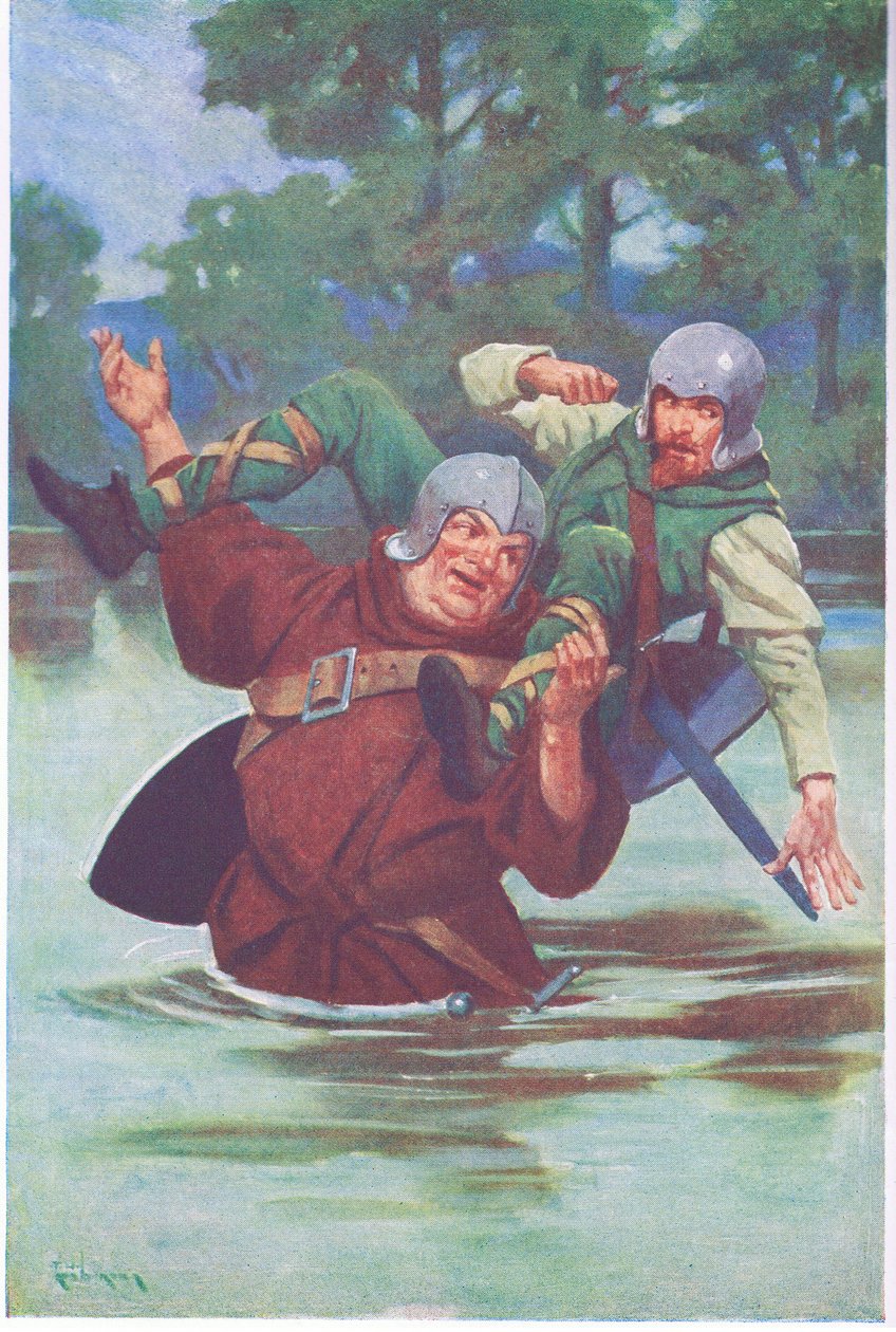 Med ett ryck från sina stora händer skickade han den laglöse ut i strömmen (färglitografi) av Thomas Heath Robinson