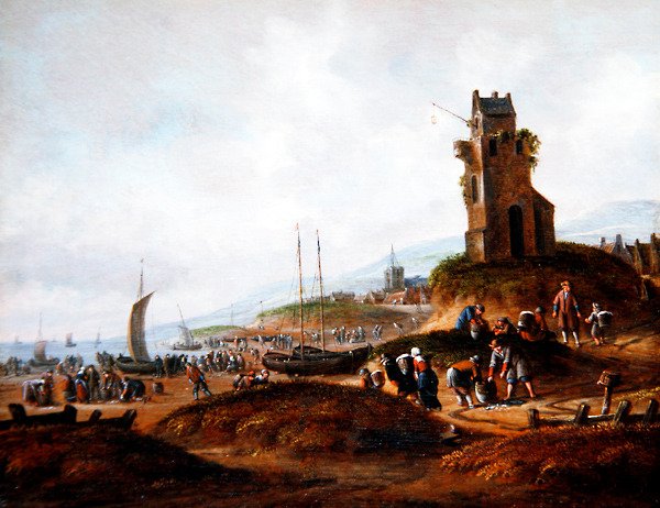 En utsikt över Scheveningen, med fiskare som säljer sin fångst av Thomas Heeremans