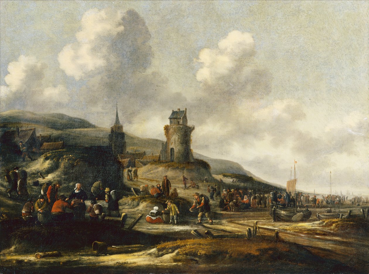 En utsikt över Scheveningen med fiskare som säljer sin fångst av Thomas Heeremans