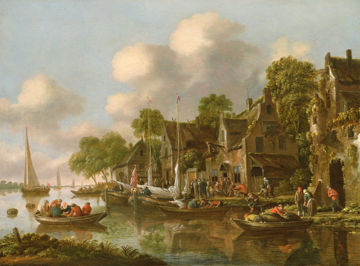 Ett flodlandskap med båtar och figurer vid en krog, 1600-tal av Thomas Heeremans