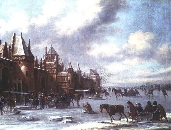 Holländsk flodmynning med konståkning och ett slott bortom av Thomas Heeremans