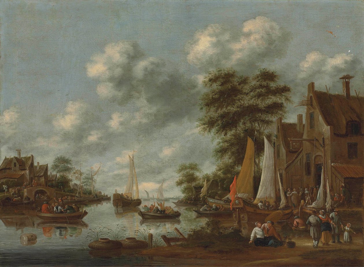 Flodlandskap med färjor och andra fartyg, figurer som går i land vid ett värdshus av Thomas Heeremans