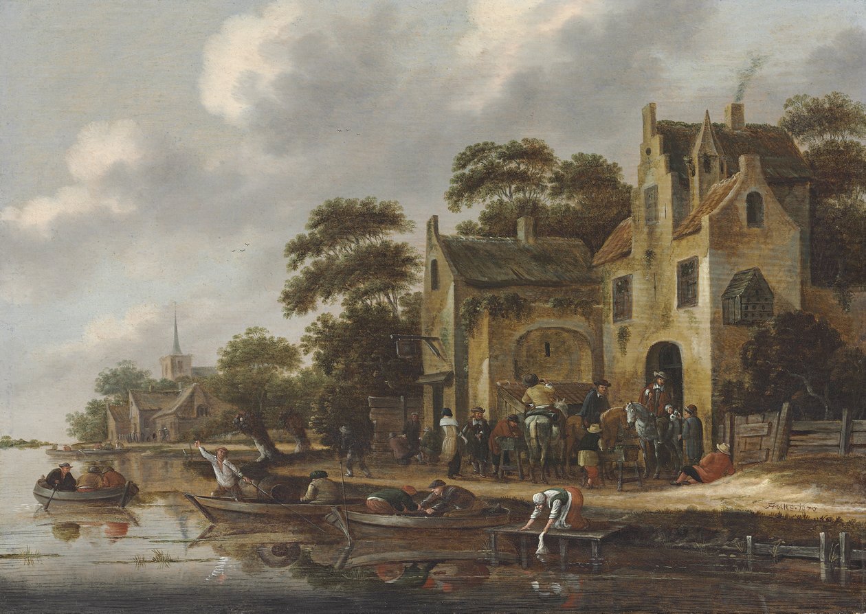 Flodstranden, med figurer i roddbåtar och resenärer utanför ett värdshus, en kyrka bortom av Thomas Heeremans