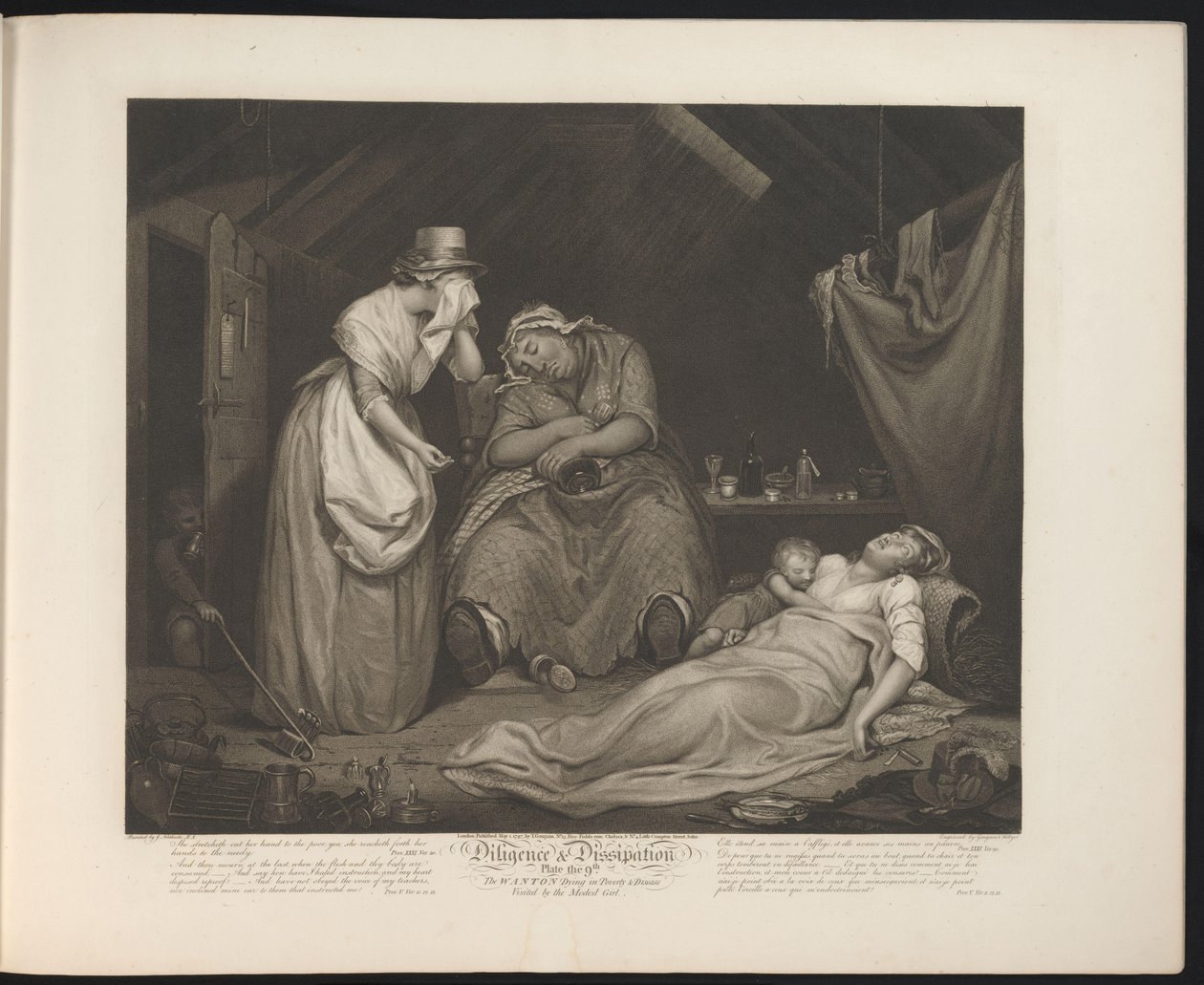 Ödmjuk piga besöker den döende lösaktiga pigan Tavla 9. The Wanton dieing in Poverty & Disease / Visited by the Modest Girl (titel på objekt) Virtue and Debauchery (serietitel) Diligence & Dissipation (serietitel på objekt) av Thomas Hellyer
