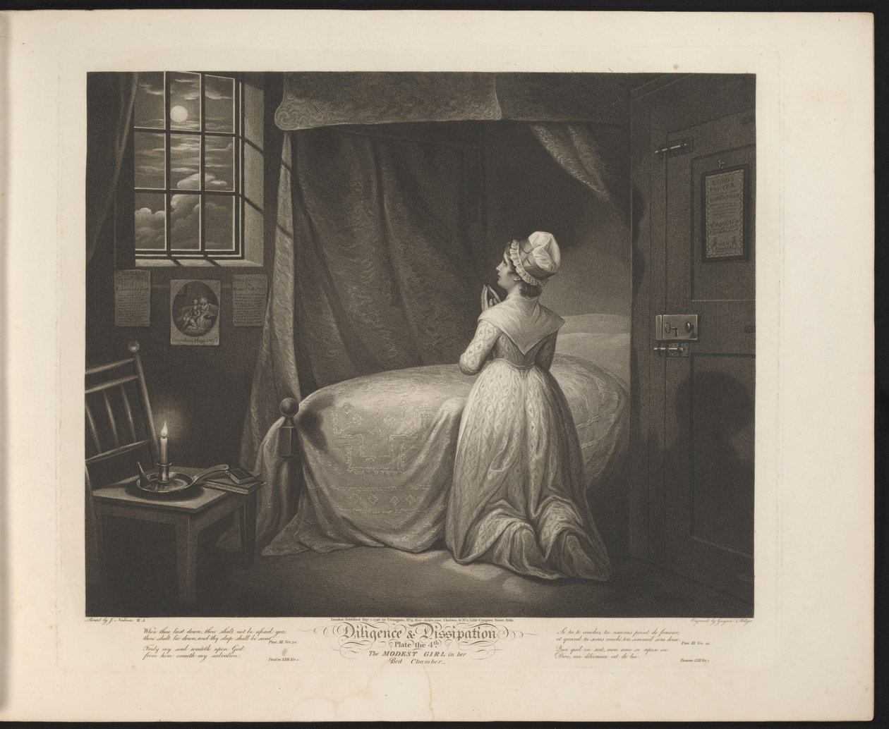 Blygsam piga ber i sitt sovrum Tavla 4. The Modest Girl in the Bed Chamber (titel på objekt) Virtue and Debauchery (serietitel) Diligence & Dissipation (serietitel på objekt) av Thomas Hellyer