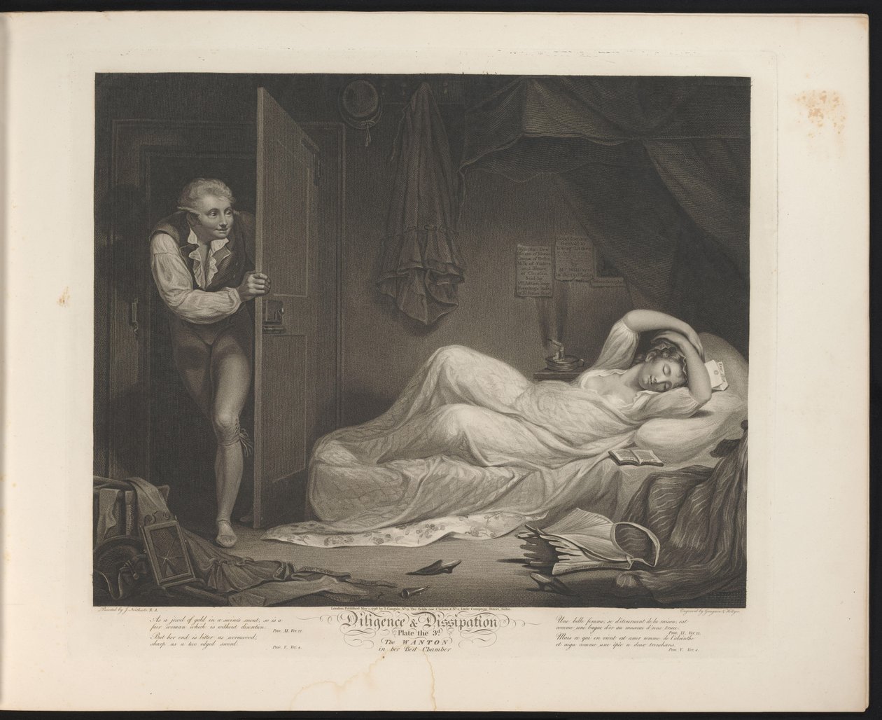 Utsvävande hembiträde sover medan en man smyger sig in Plåt 3. The Wanton in the Bed Chamber (titel på objekt) Virtue and Debauchery (serietitel) Diligence & Dissipation (serietitel på objekt) av Thomas Hellyer